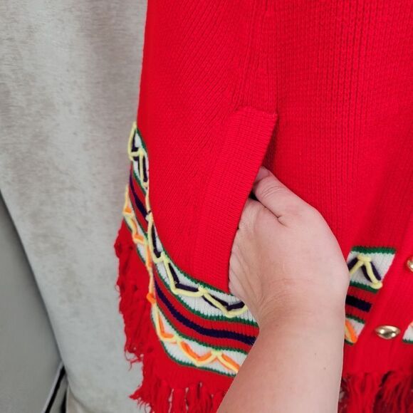 Vintage 70s Red Southwestern Knit Button Down Poncho Hippie Red - Picture 8 of 12